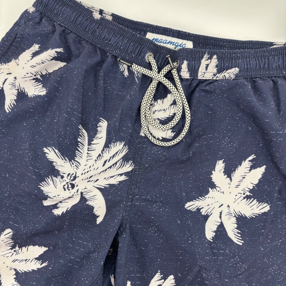 Maamgic Swim‎ Trunks Mens Medium Navy Blue Excellent Palm Tree Print 7in Inseam